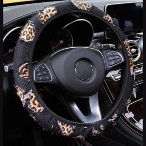 15'' Leopard Print Steering Wheel Cover Black Denim